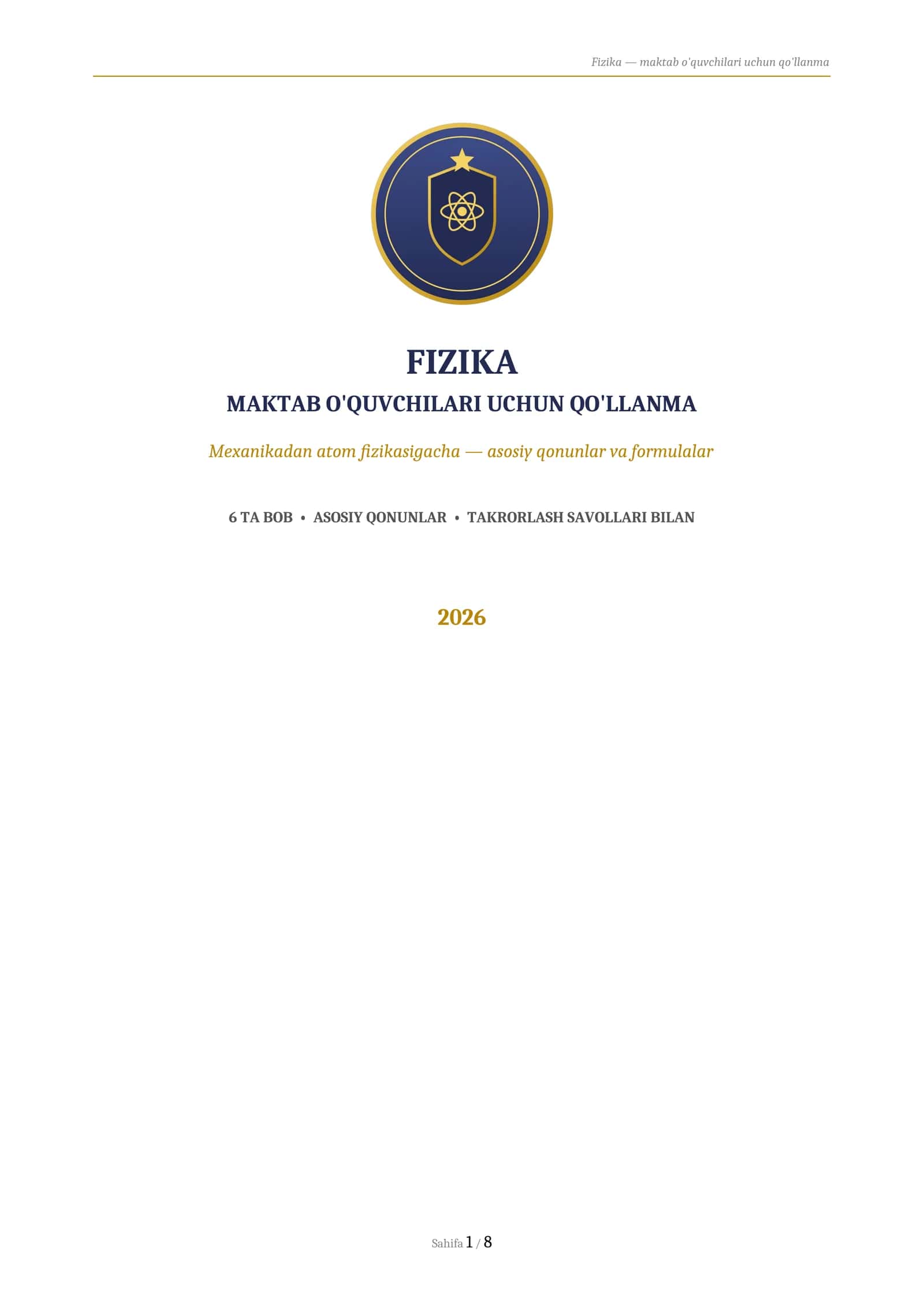 FIZIKA
MAKTAB O'QUVCHILARI UCHUN QO'LLANMA