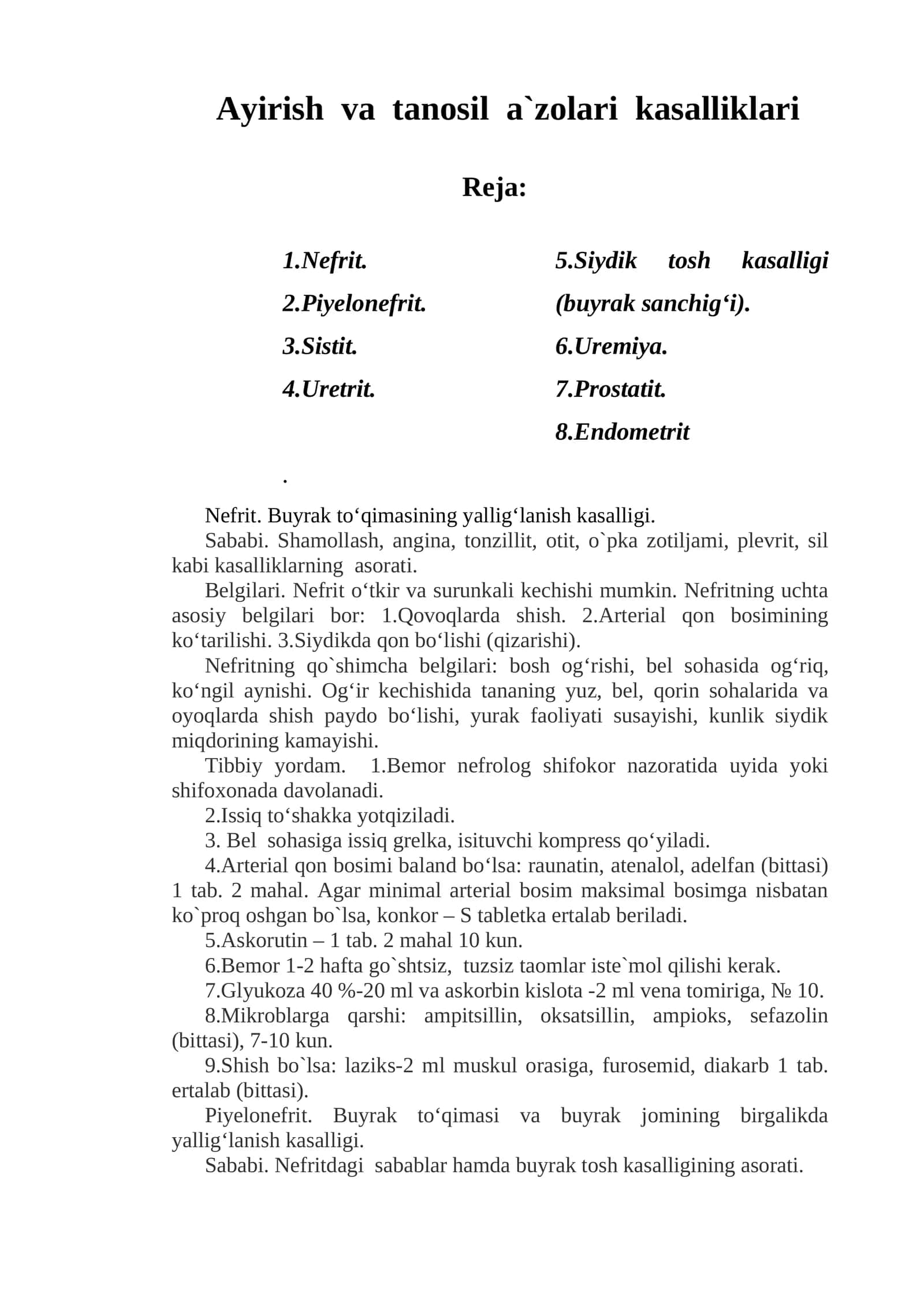 Ayirish va tanosil a`zolari kasalliklari