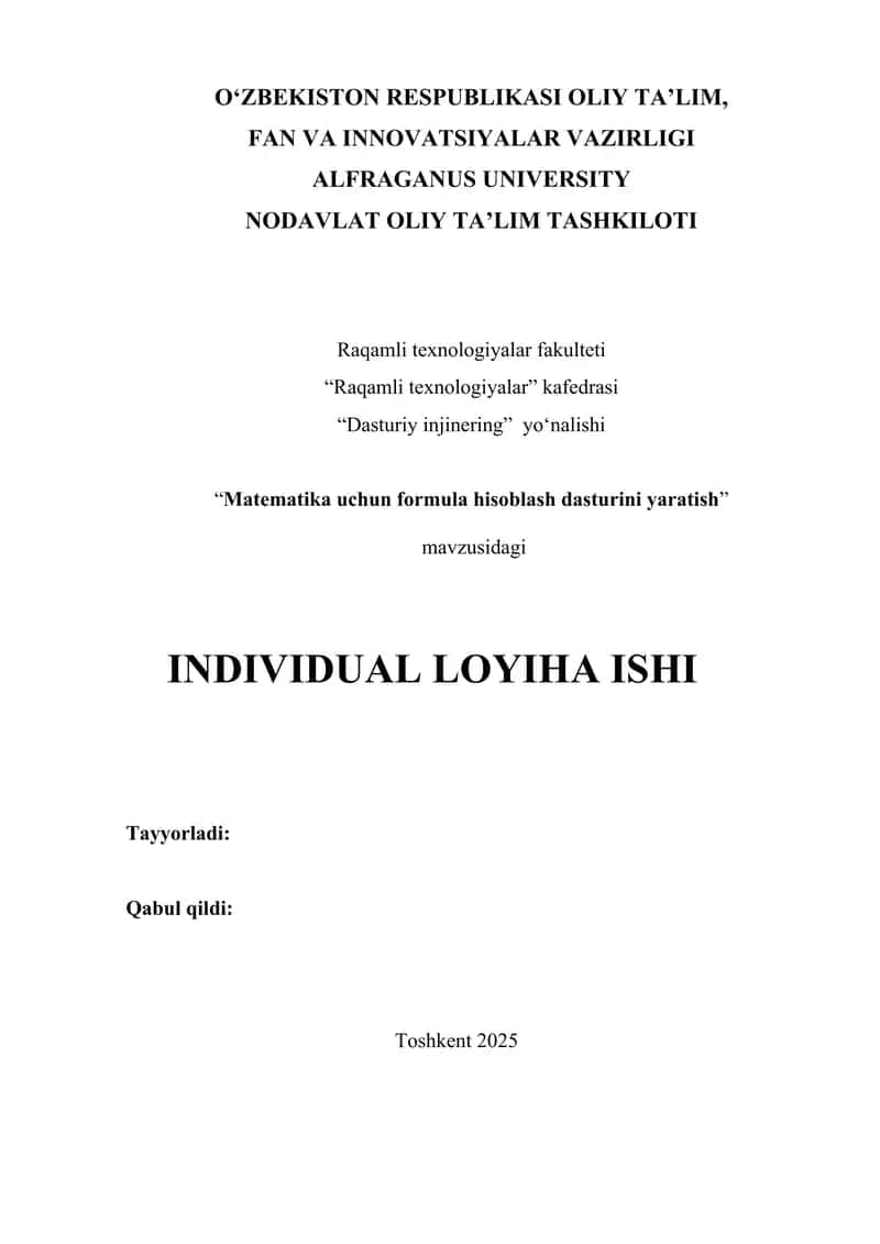 Matematika uchun formula hisoblash dasturini yaratish