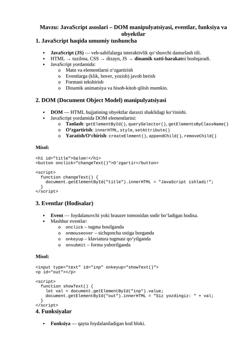 JavaScript asoslari – DOM manipulyatsiyasi, eventlar, funksiya va obyektlar