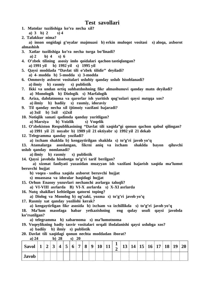 Davlat tilida ish yuritish fanidan testlar