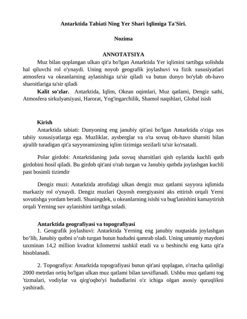 Antarktida Tabiati Ning Yer Shari Iqlimiga Ta'Siri
