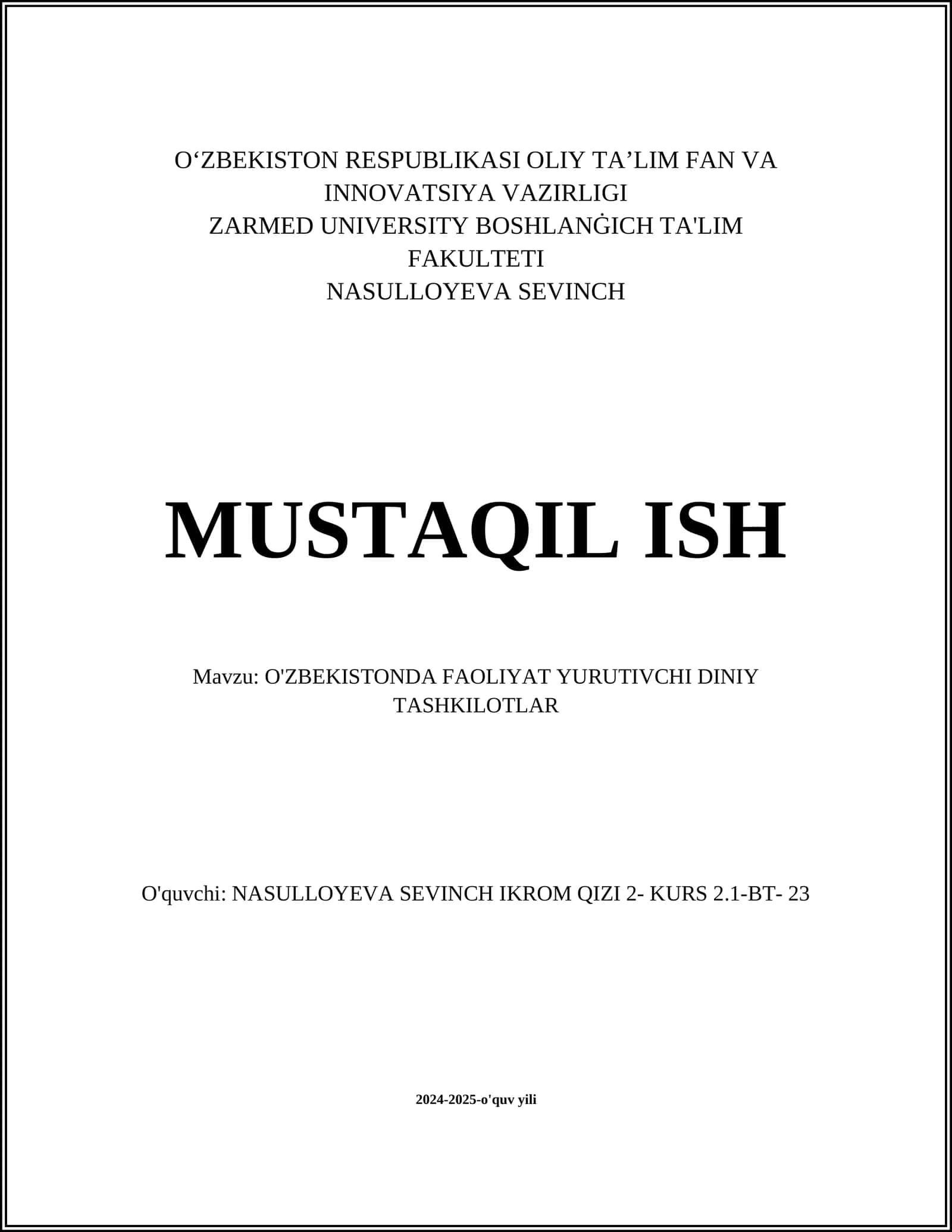 O'ZBEKISTONDA FAOLIYAT YURUTIVCHI DINIY TASHKILOTLAR