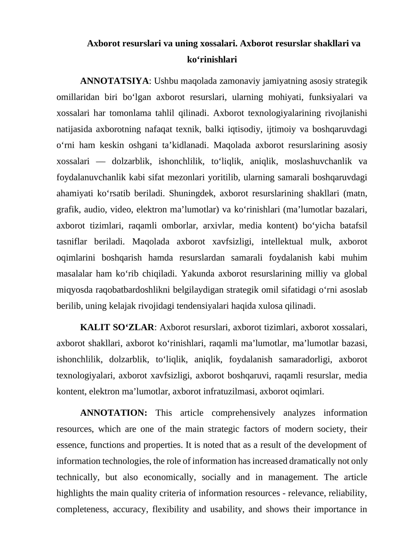Axborot resurslari va uning xossalari