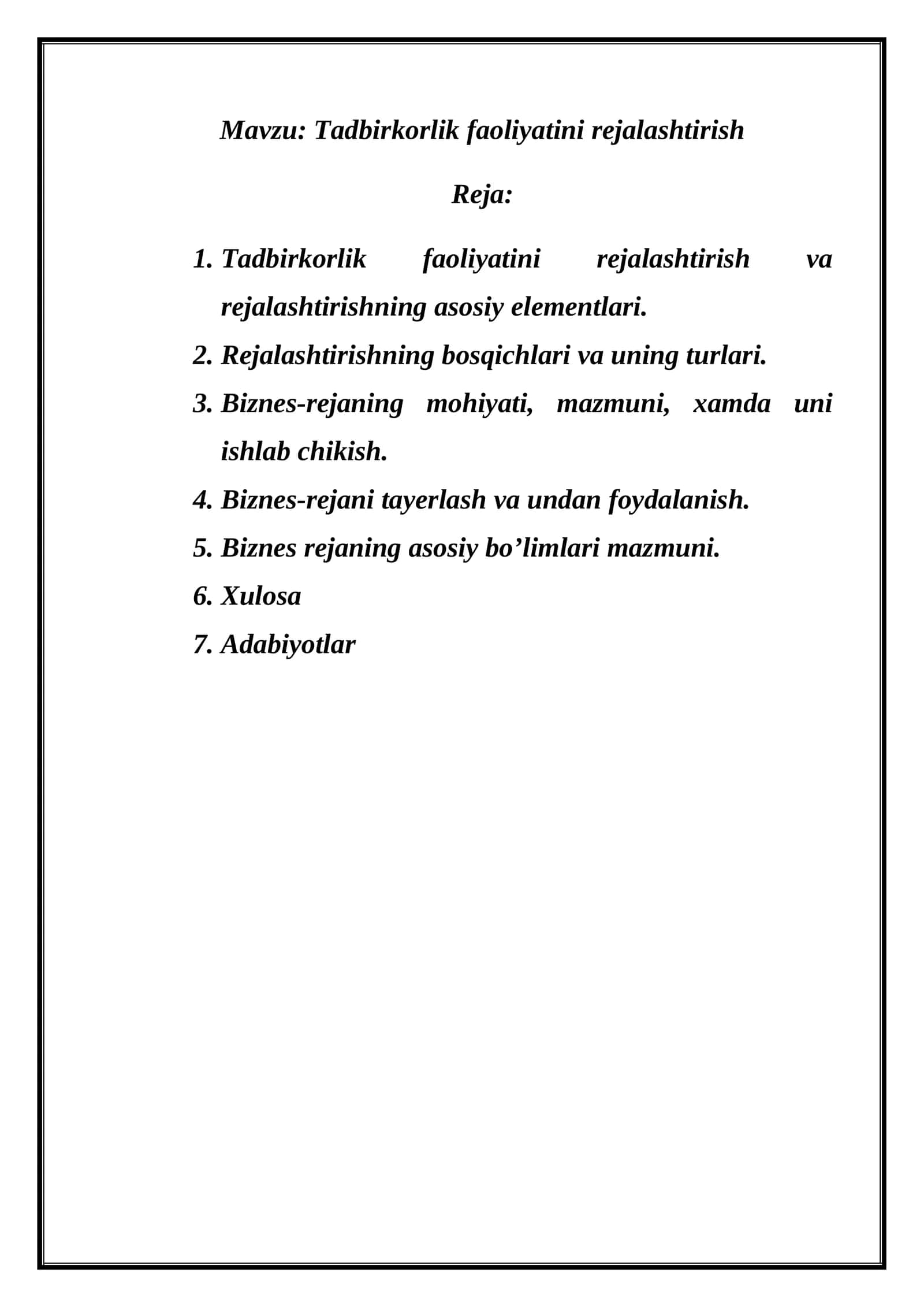 Tadbirkorlik faoliyatini rejalashtirish