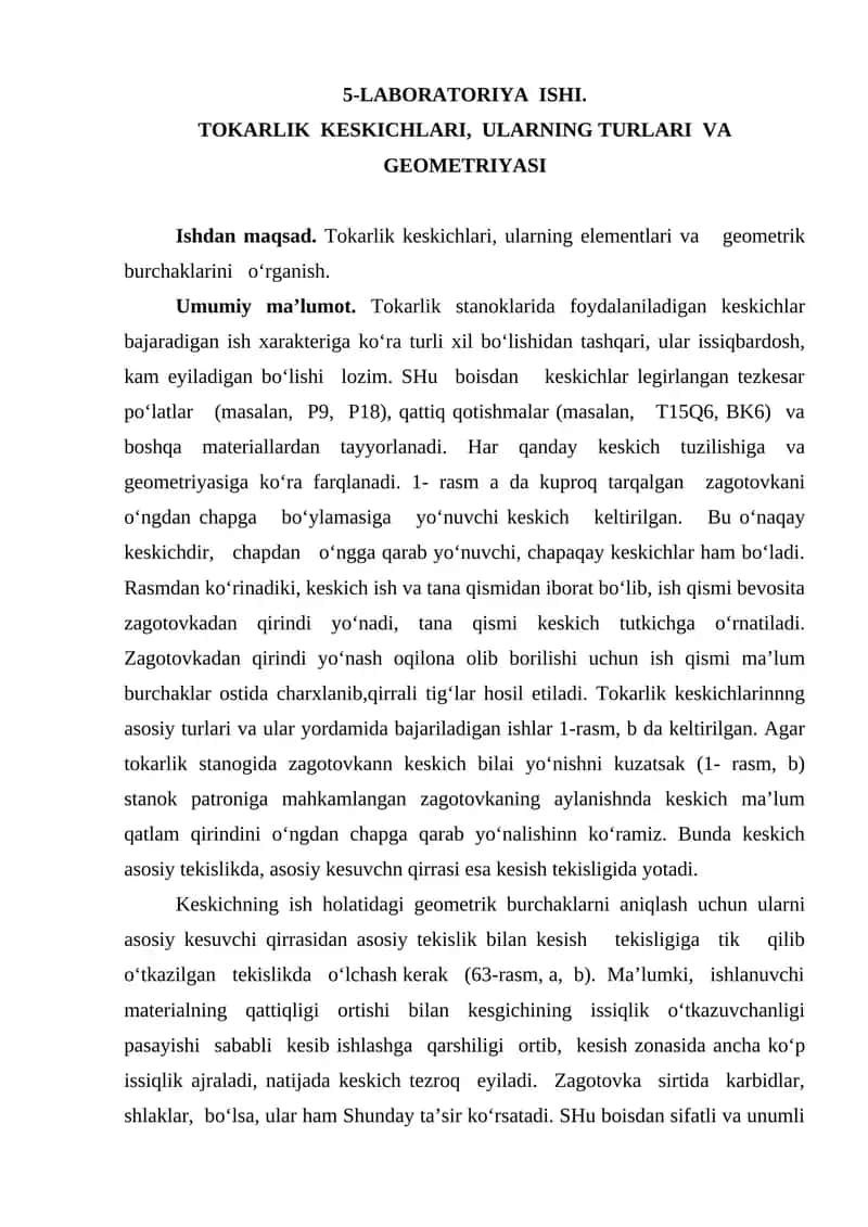 TOKARLIK KESKICHLARI, ULARNING TURLARI VA GEOMETRIYASI