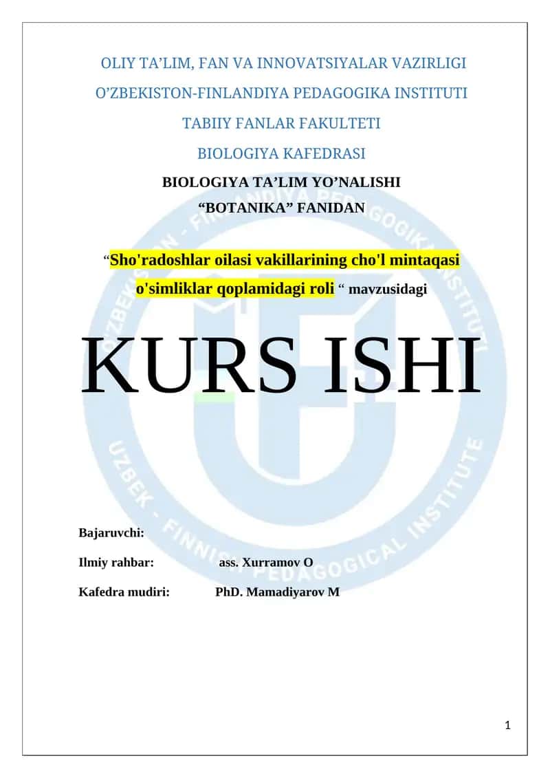 Biologiya Ta’lim Yonalishi Kurs Ishi