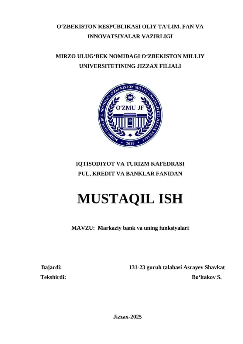 Markaziy bank va uning funksiyalari