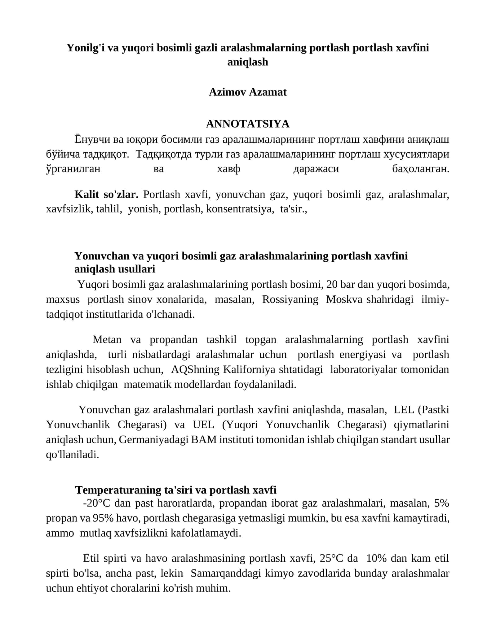 Yuqori bosimli gaz aralashmalarining portlash xavfini aniqlash usullari