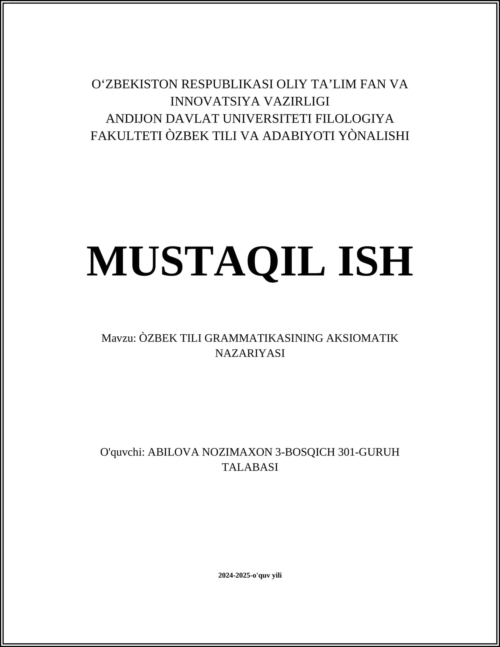 ÒZBEK TILI GRAMMATIKASINING AKSIOMATIK NAZARIYASI