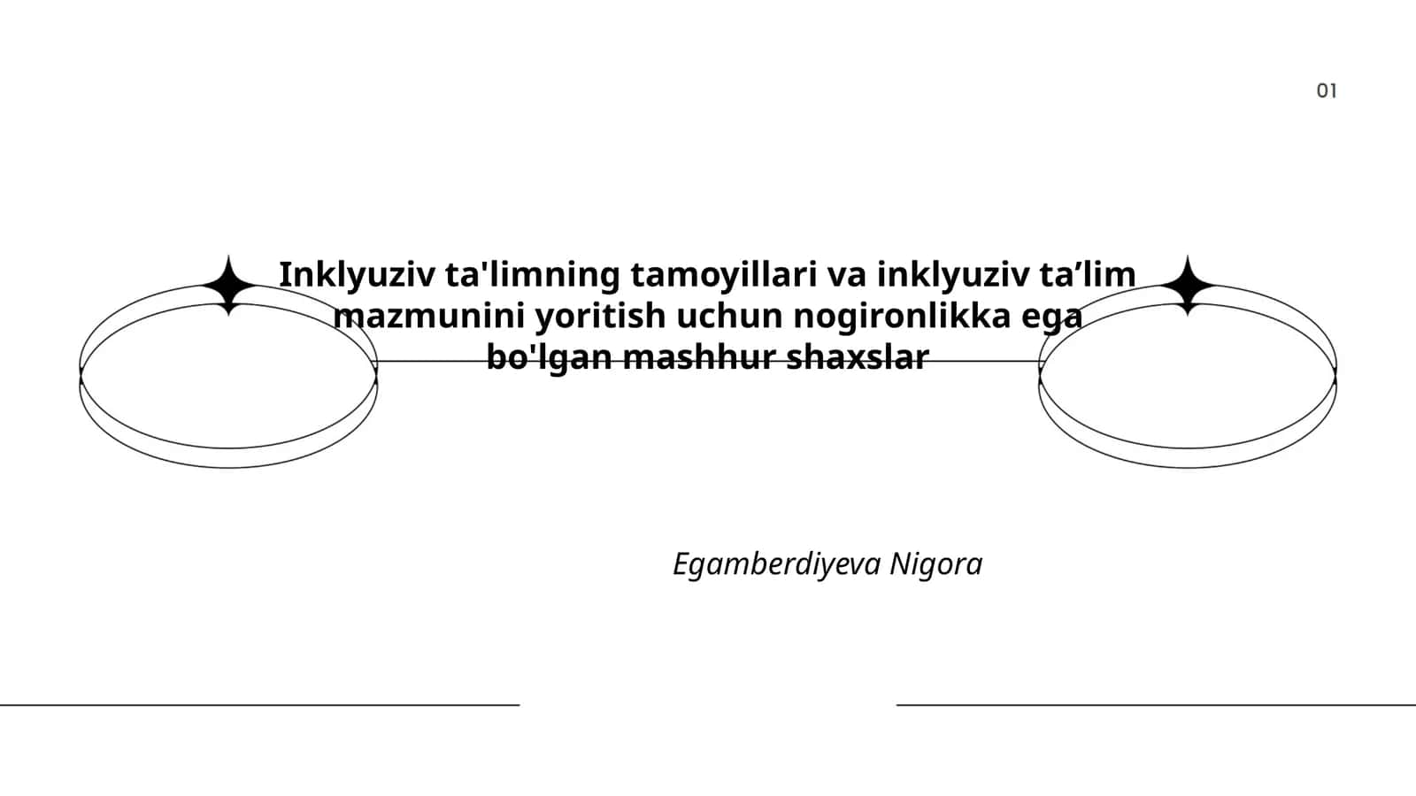 Inklyuziv ta'limning tamoyillari va inklyuziv taʼlim mazmunini yoritish uchun nogironlikka ega bo'lgan mashhur shaxslar Egamberdiyeva Nigora
