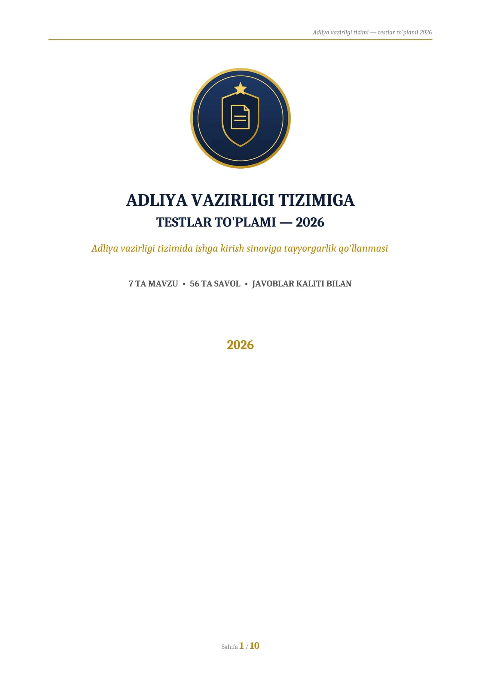 ADLIYA VAZIRLIGI TIZIMIGA
TESTLAR TO'PLAMI