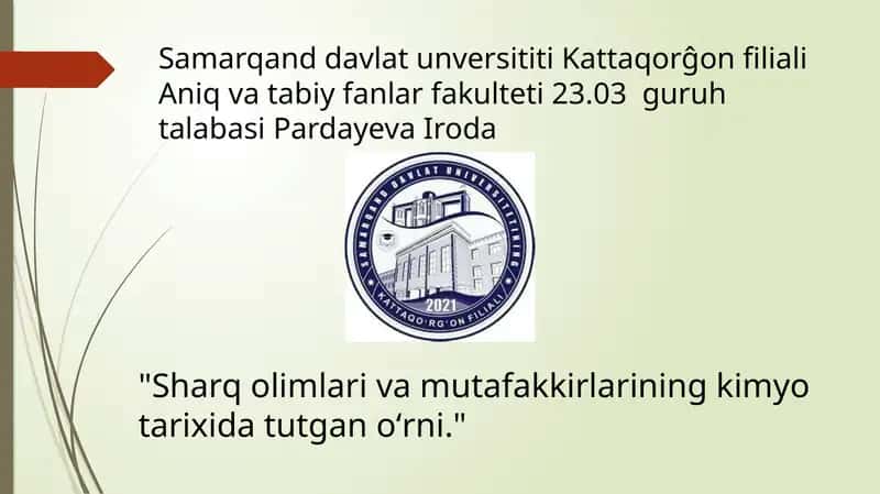 Sharq olimlari va mutafakkirlarining kimyo tarixida tutgan oʻrni