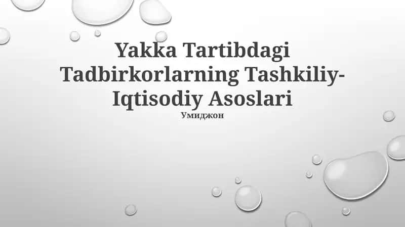 Yakka Tartibdagi Tadbirkorlarning Tashkiliy-Iqtisodiy Asoslari