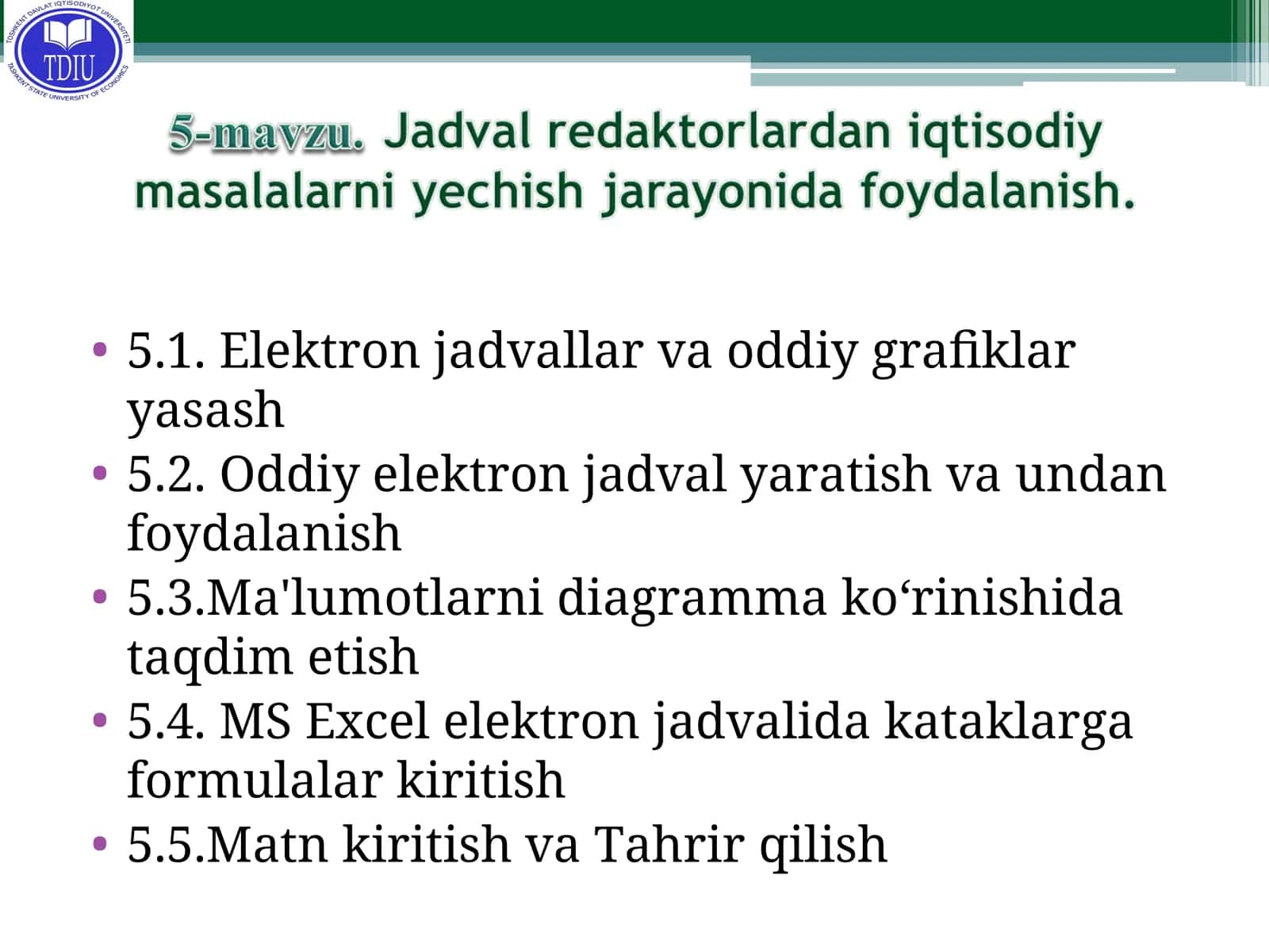 Microsoft Office Excel dasturi tasnifi