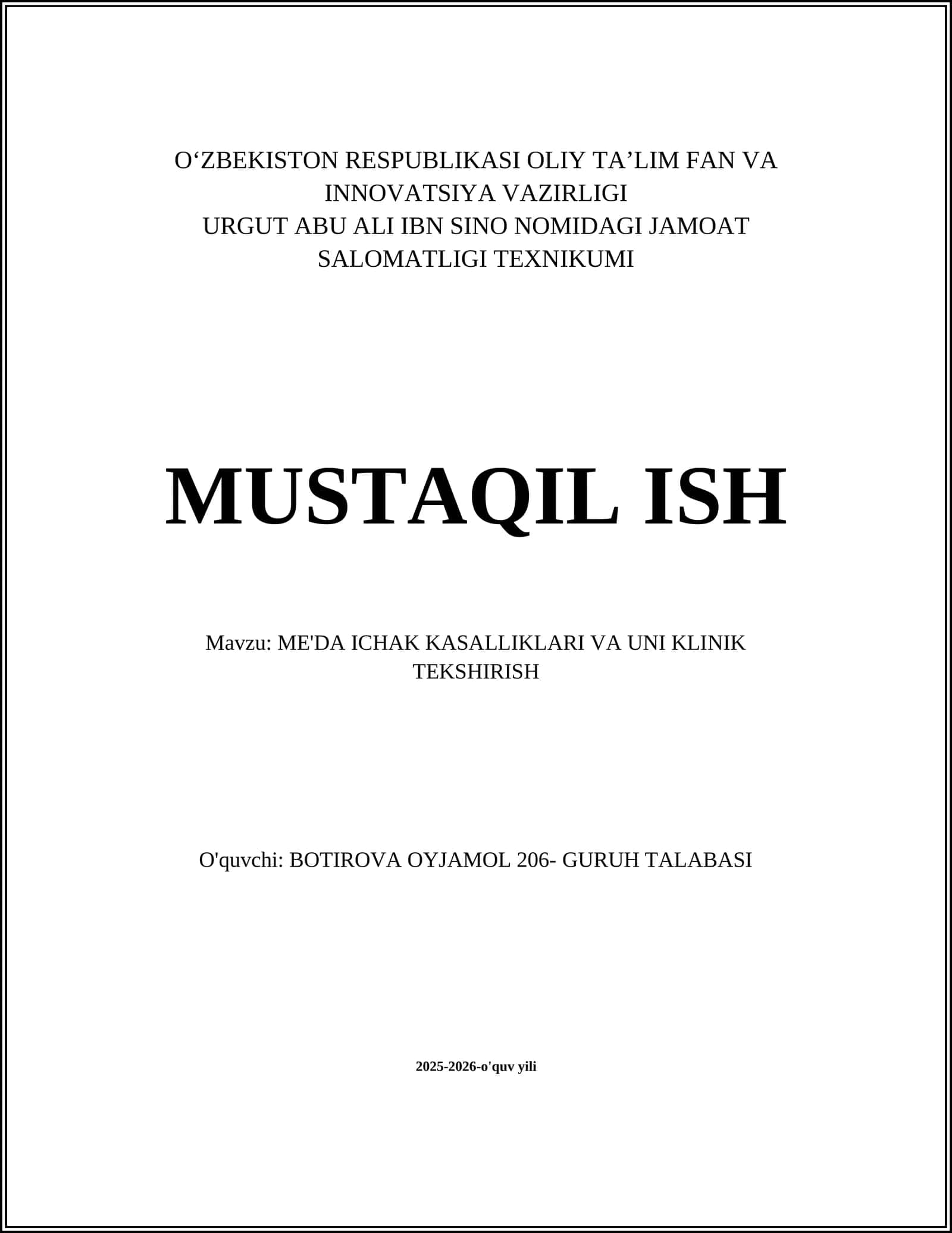 ME'DA ICHAK KASALLIKLARI VA UNI KLINIK TEKSHIRISH