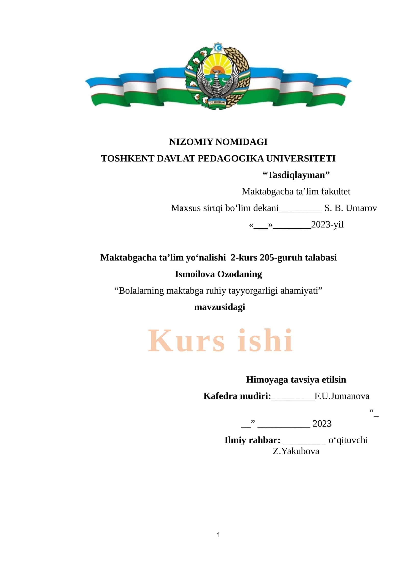 Kurs ishi: Bolalarning maktabga ruhiy tayyorgarligi ahamiyati
