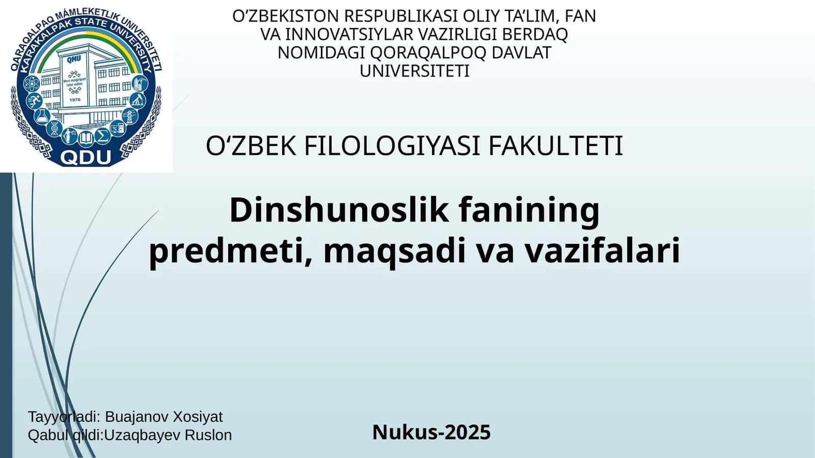 Dinshunoslik fanining predmeti, maqsadi va vazifalari