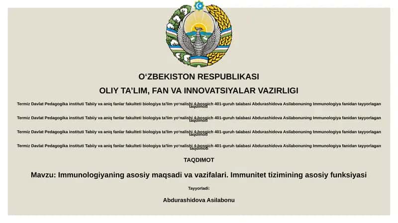 Immunologiya fanidan tayyorlagan taqdimoti