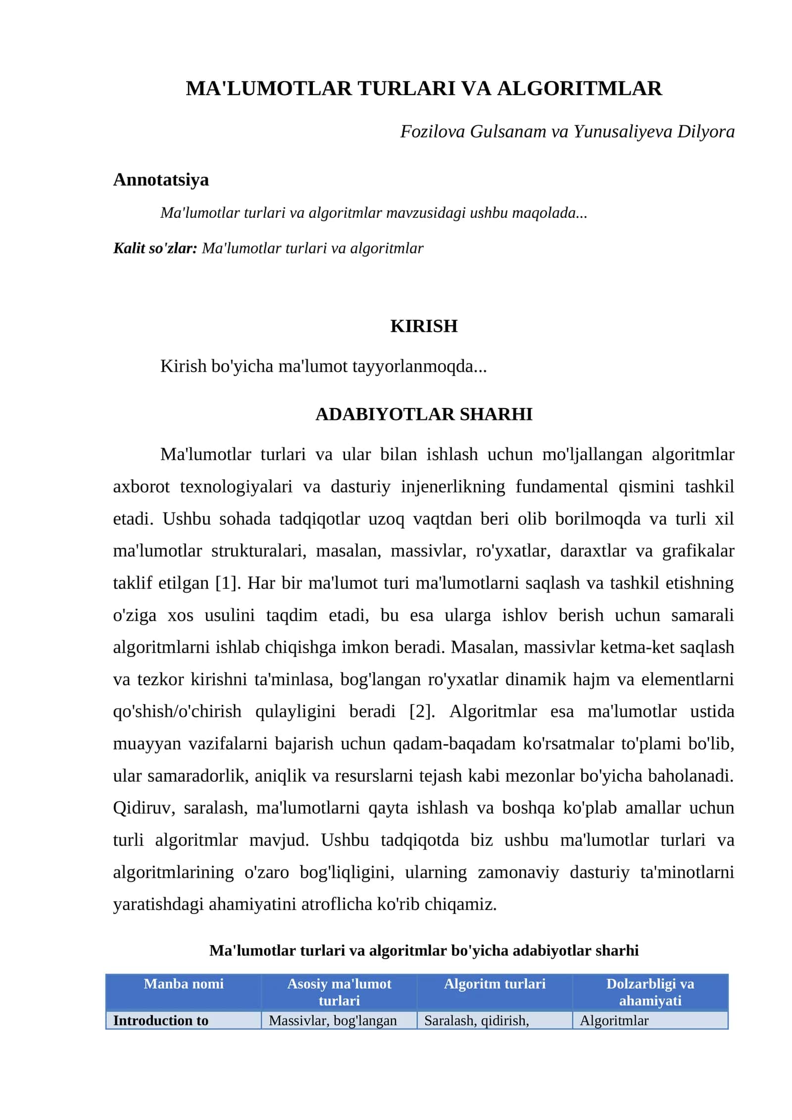 MA'LUMOTLAR TURLARI VA ALGORITMLAR