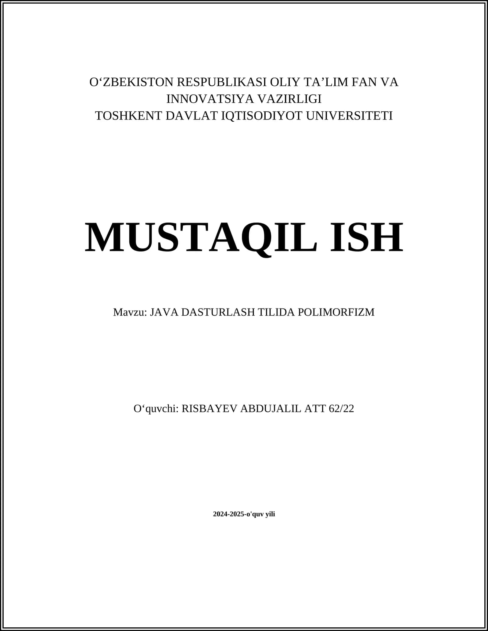 JAVA DASTURLASH TILIDA POLIMORFIZM