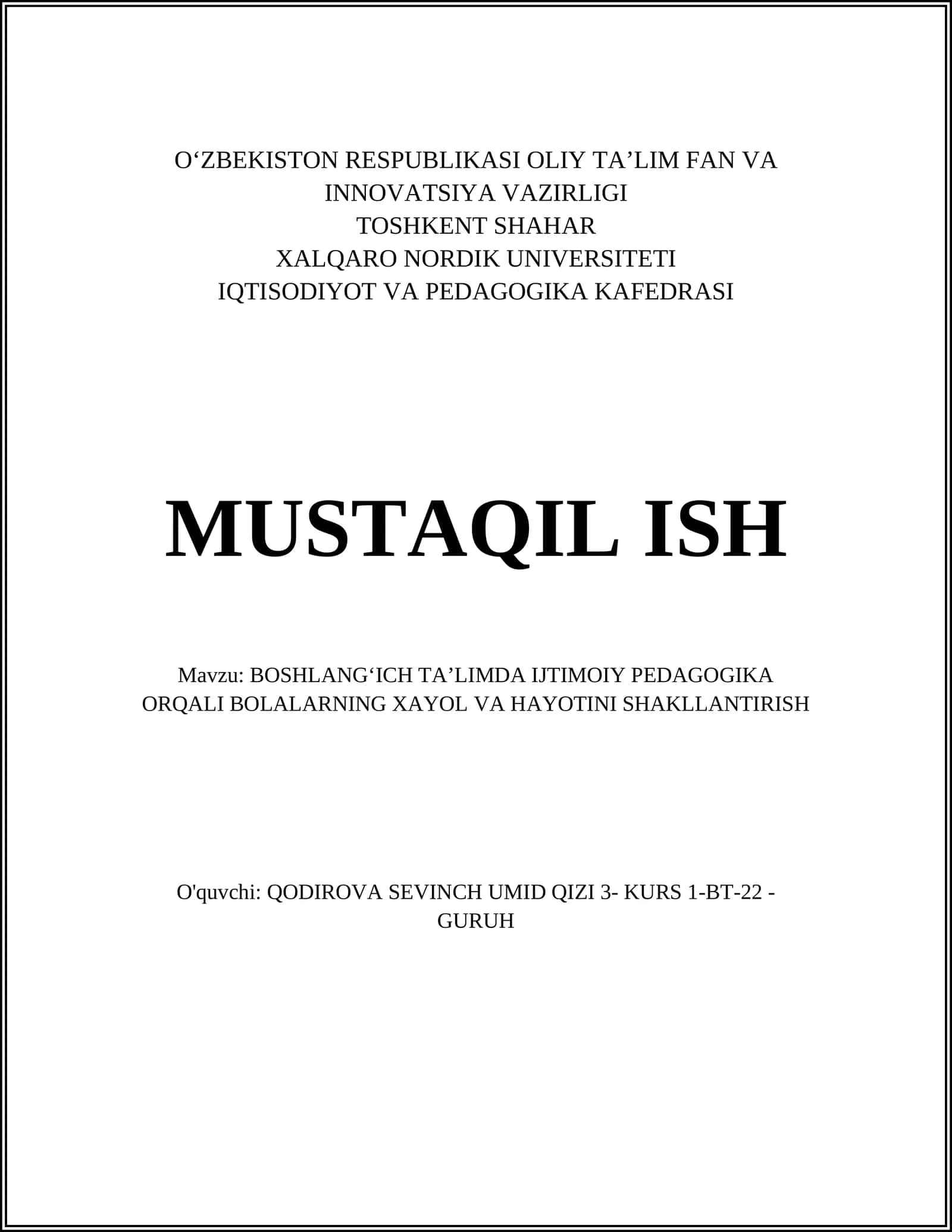 BOSHLANGʻICH TA’LIMDA IJTIMOIY PEDAGOGIKA