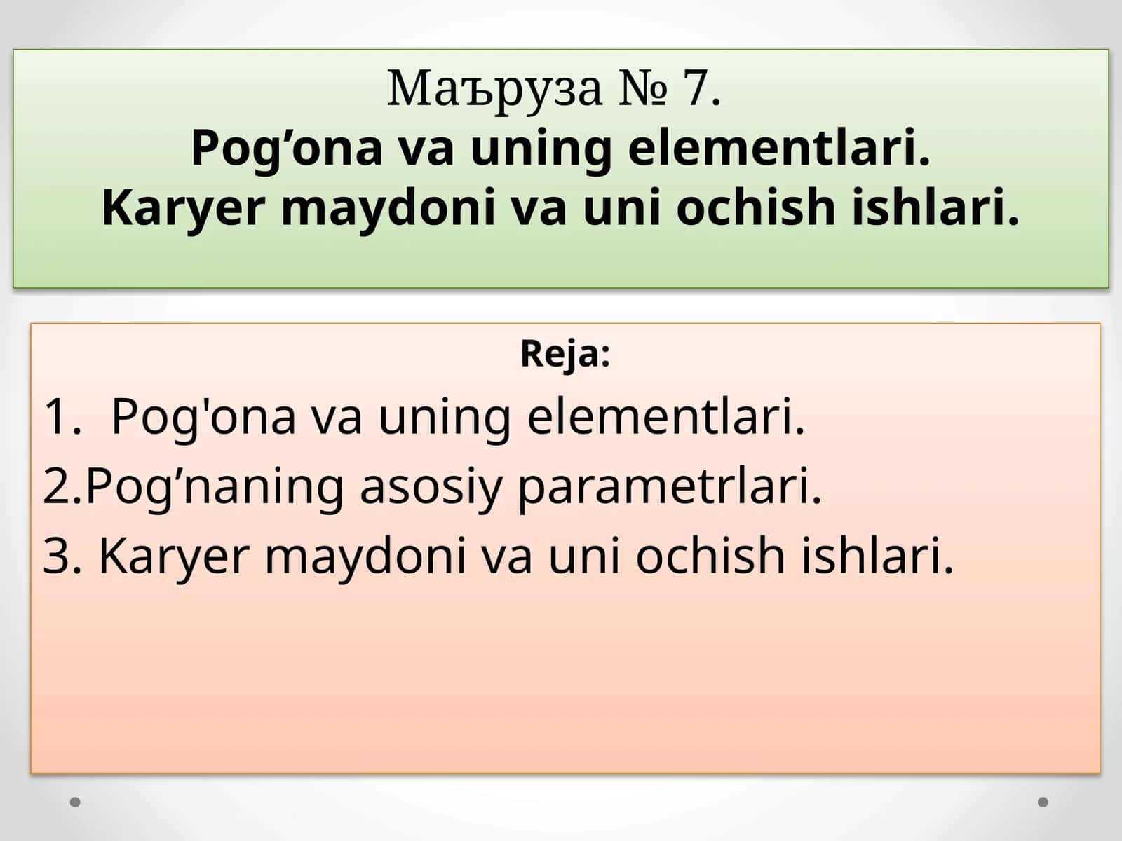 Pog'ona va uningelementlari.Karyer maydoni va uni ochishishlari