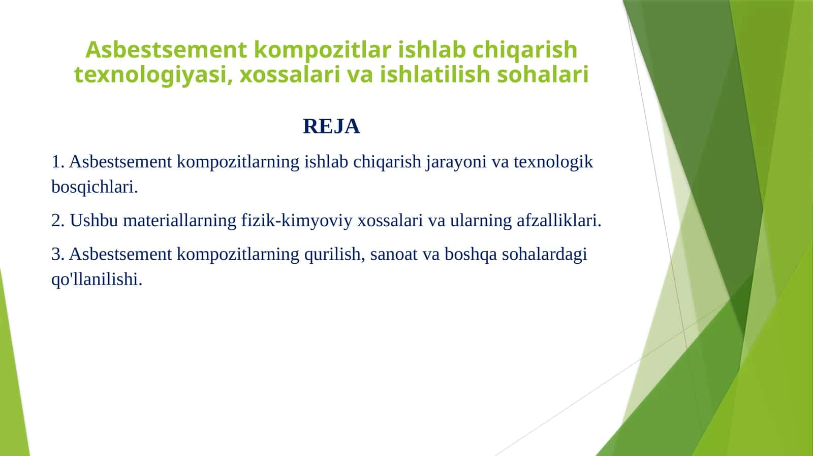 Asbestsement kompozitlar ishlab chiqarish texnologiyasi, xossalari va ishlatilish sohalari