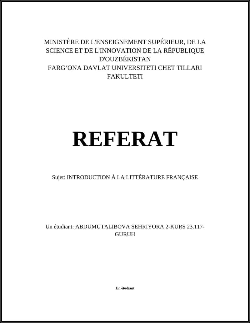 INTRODUCTION À LA LITTÉRATURE FRANÇAISE