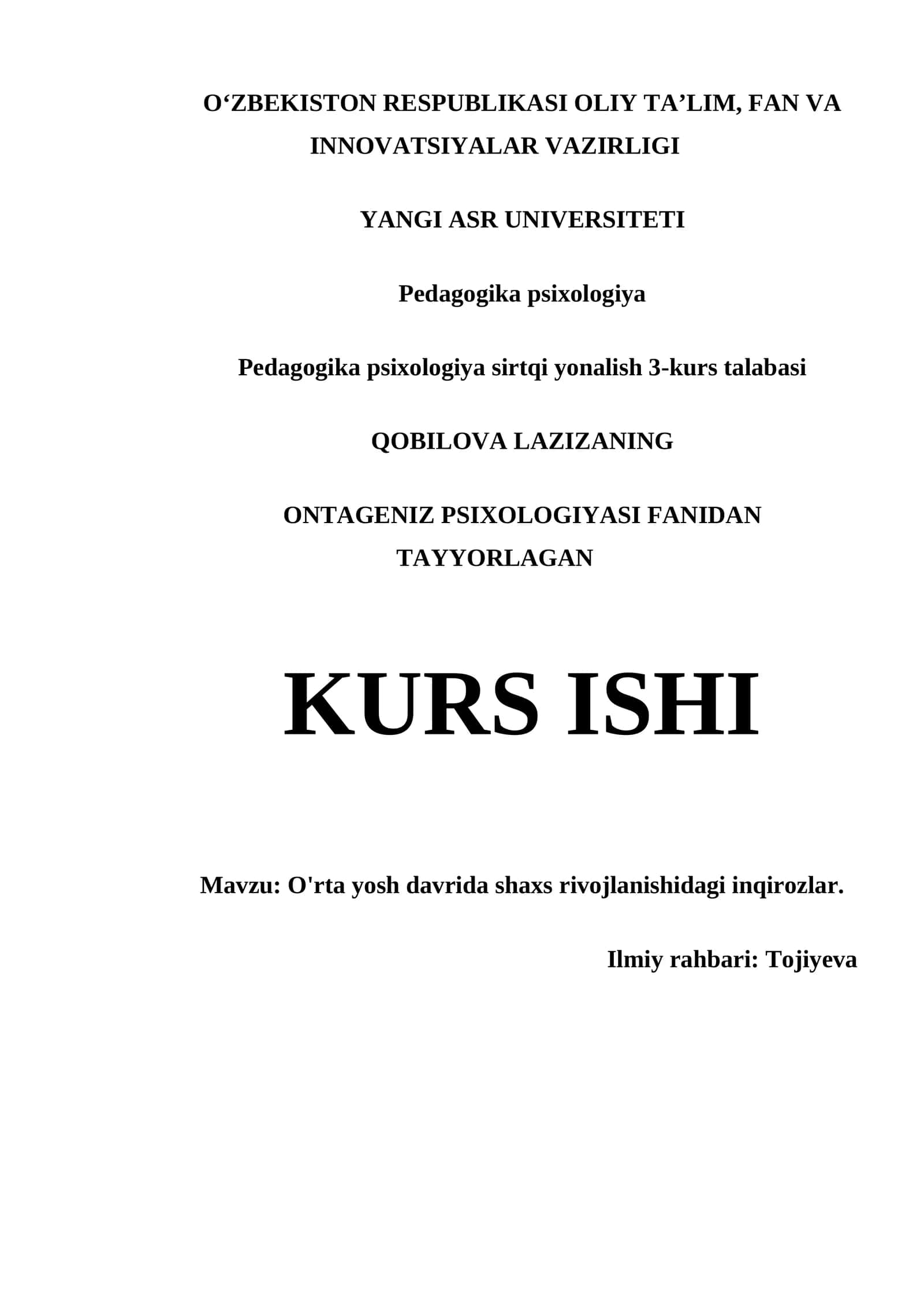 O'rta yosh davrida shaxs rivojlanishidagi inqirozlar