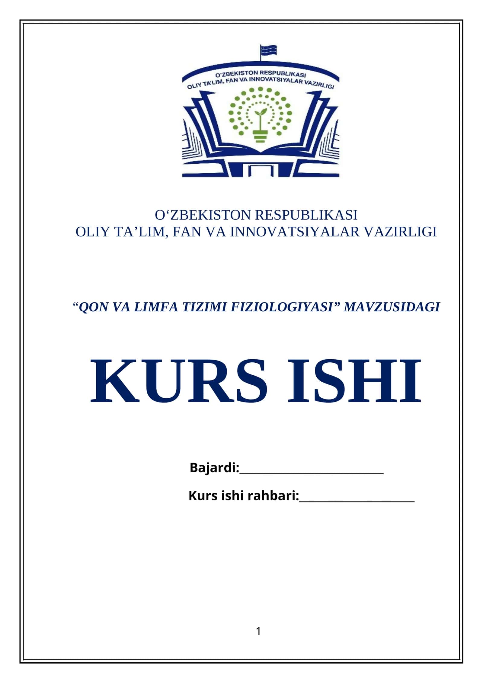 QON VA LIMFA TIZIMI FIZIOLOGIYASI KURS ISHI