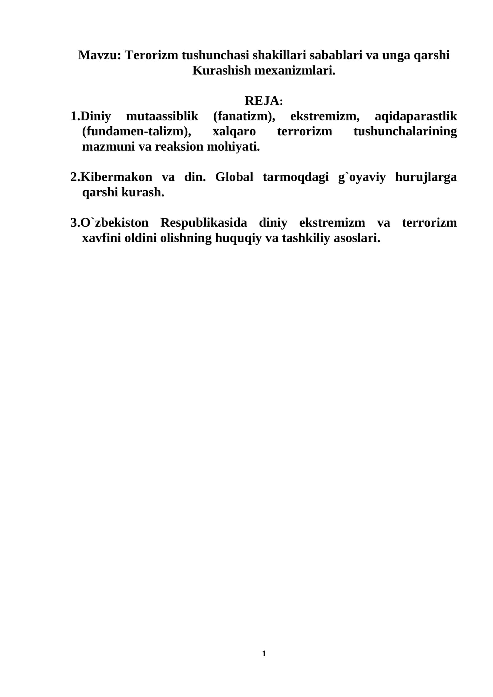Terorizm tushunchasi shakillari sabablari va unga qarshi Kurashish mexanizmlari
