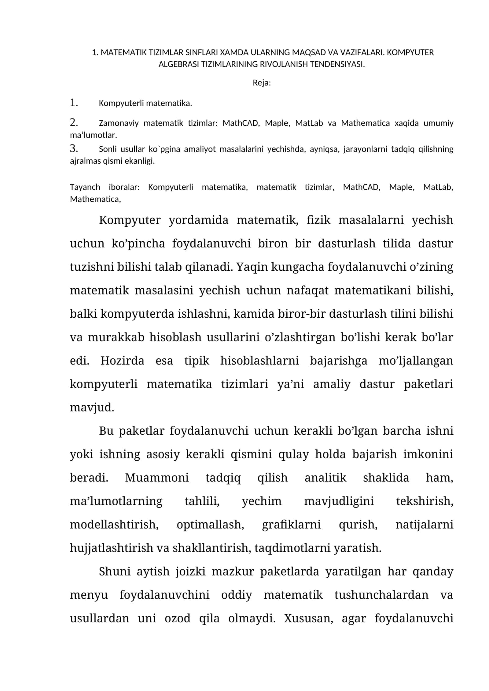 Matematik Tizimlar va Kompyuterli Matematika