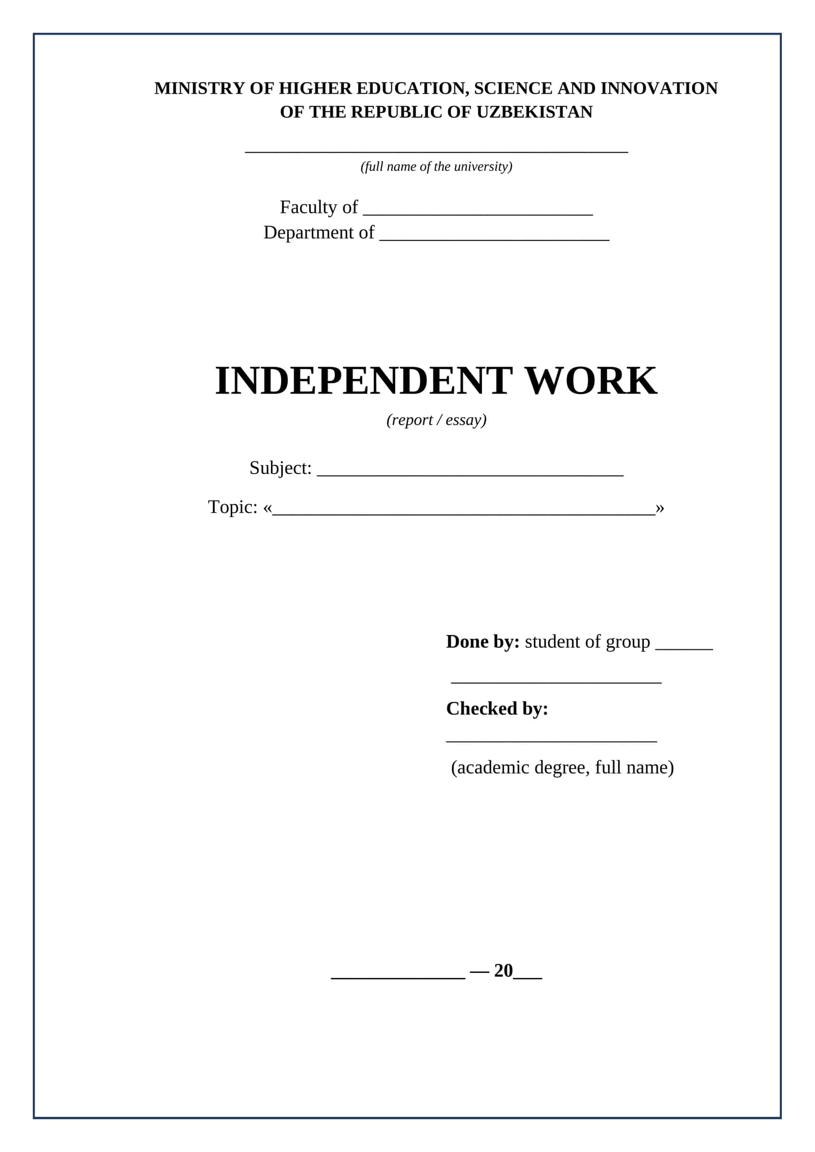 Mustaqil ish Independent work titul varagi ingliz tilida
