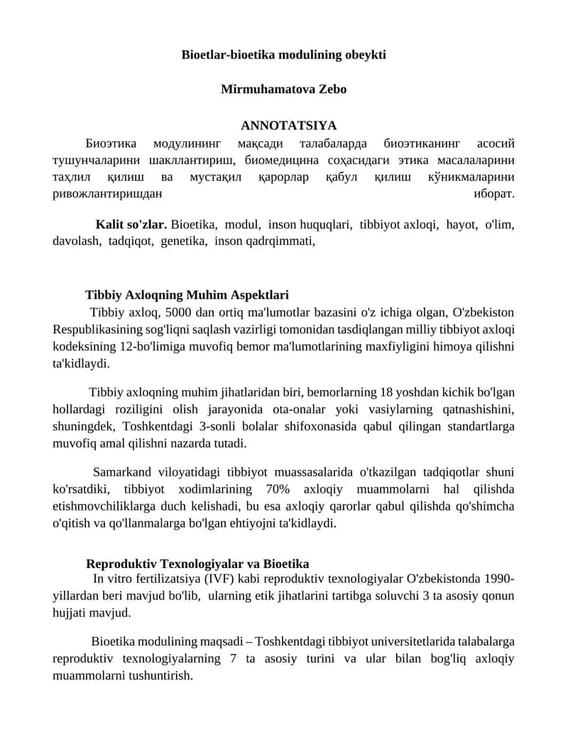 Bioetlar-bioetika modulining obeykti