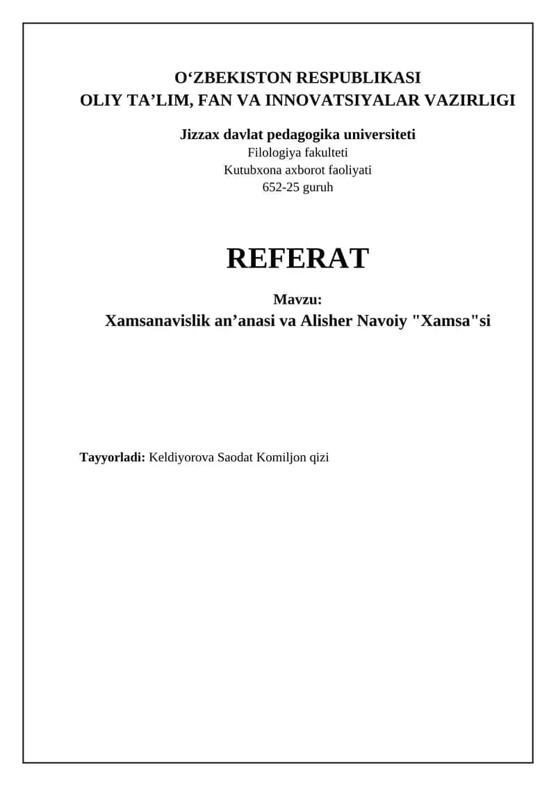 Xamsanavislik anʼanasi va Alisher Navoiy "Xamsa"si