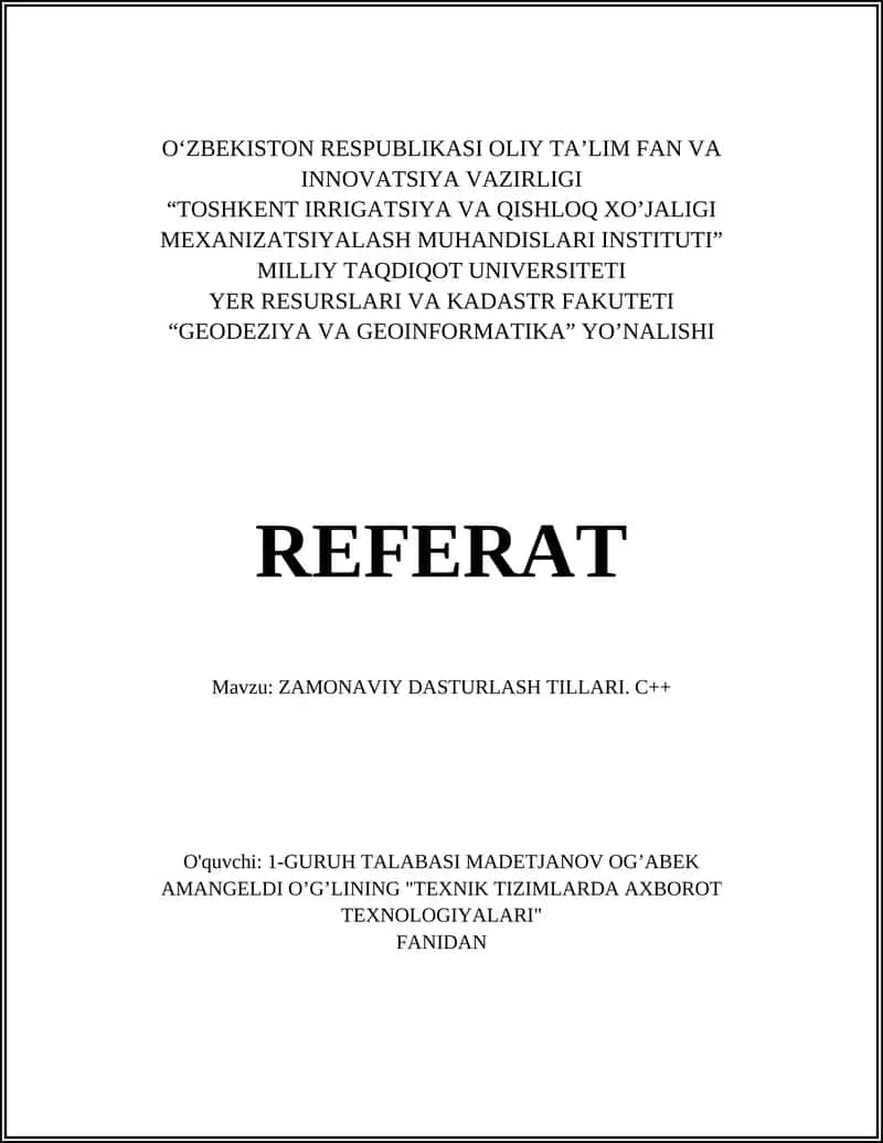 ZAMONAVIY DASTURLASH TILLARI. C++