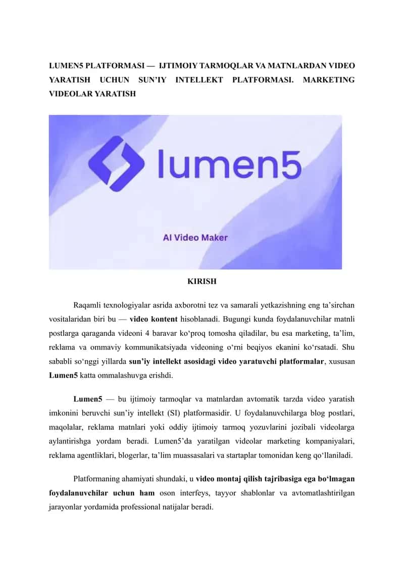 Mavzu: Lumen5 PLATFORMASI