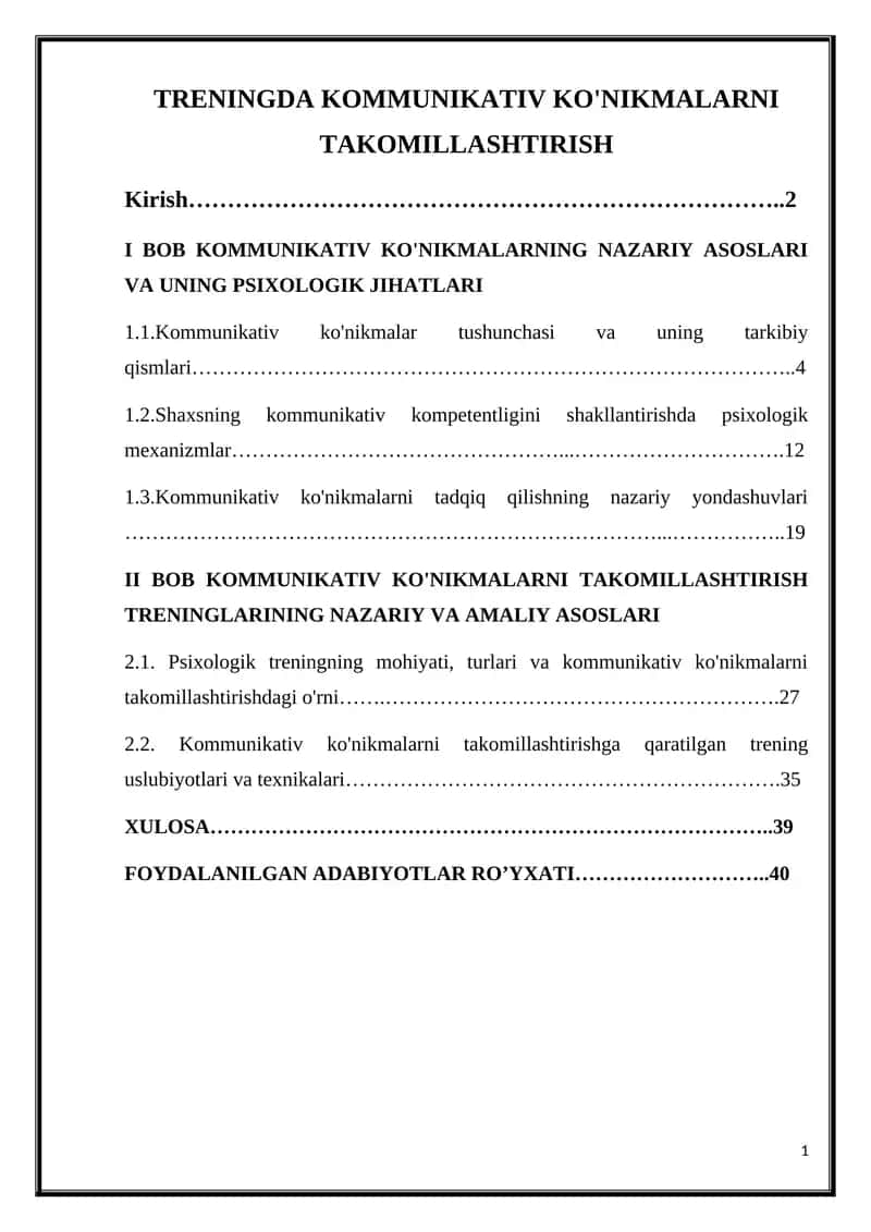 TRENINGDA KOMMUNIKATIV KO'NIKMALARNI TAKOMILLASHTIRISH