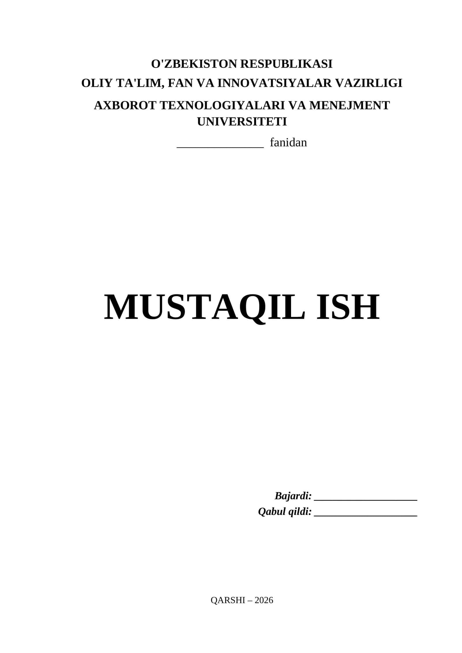 Axborot Texnologiyalari va Menejment Universiteti Mustaqil Ish Titul Varaq (.docx)