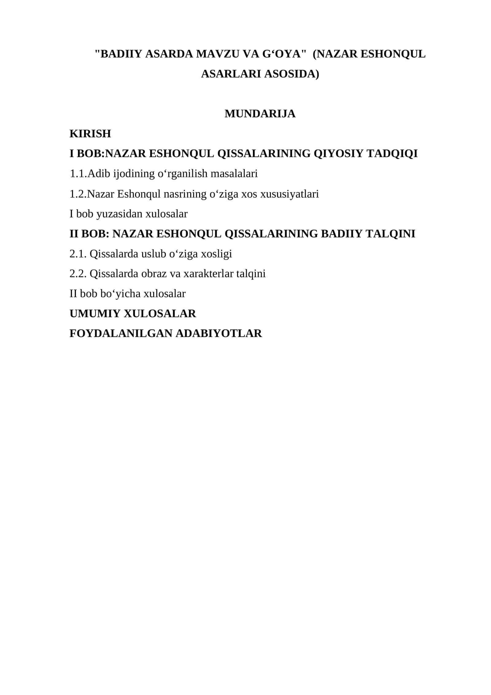 BADIIY ASARDA MAVZU VA G‘OYA  NAZAR ESHONQUL ASARLARI ASOSIDA