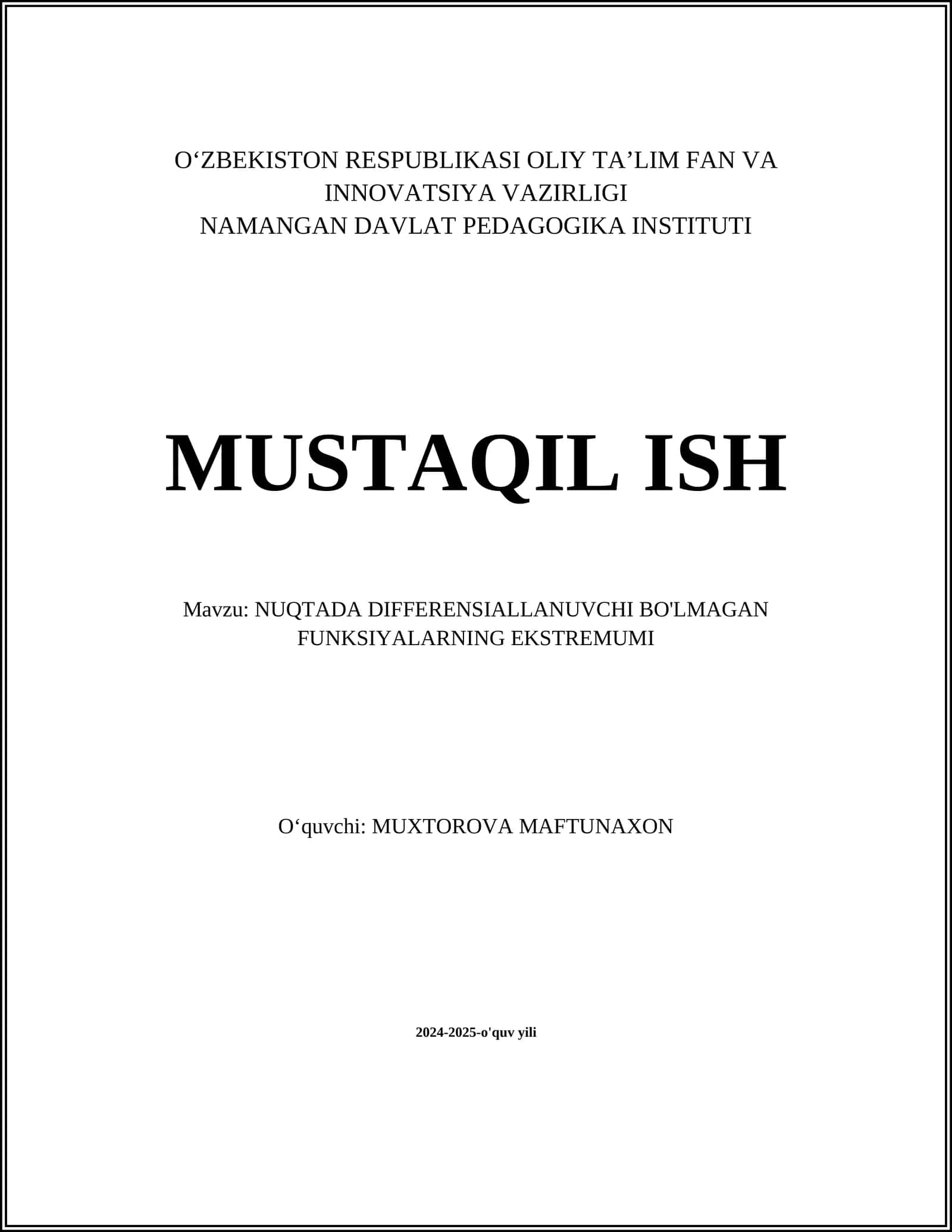 NUQTADA DIFFERENSIALLANUVCHI BO'LMAGAN FUNKSIYALARNING EKSTREMUMI