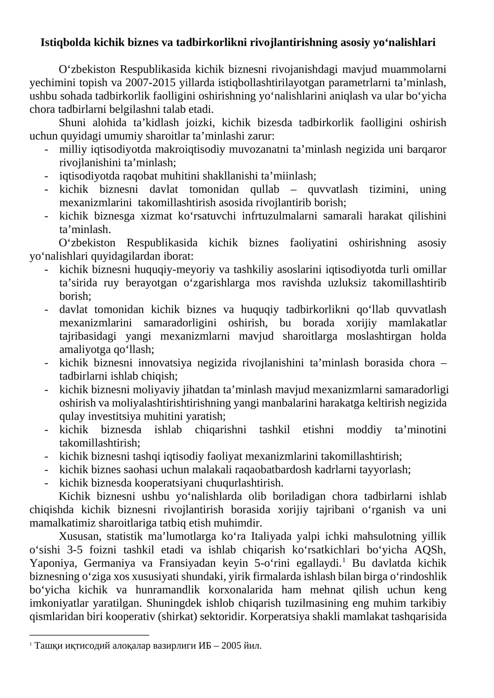 Istiqbolda kichik biznes va tadbirkorlikni rivojlantirishning asosiy yo‘nalishlari