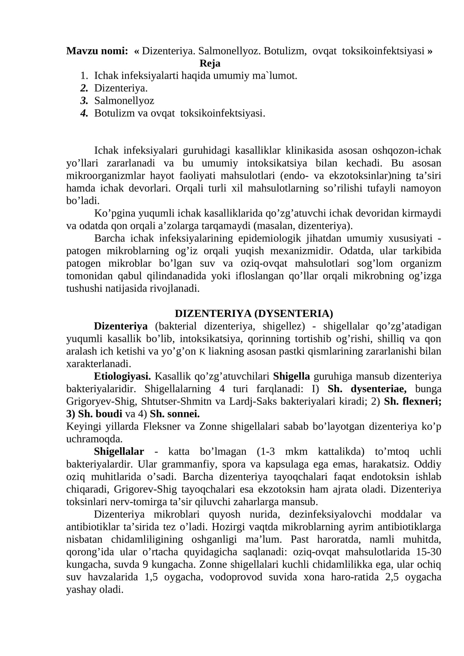 Dizenteriya. Salmonellyoz. Botulizm, ovqat toksikoinfektsiyasi