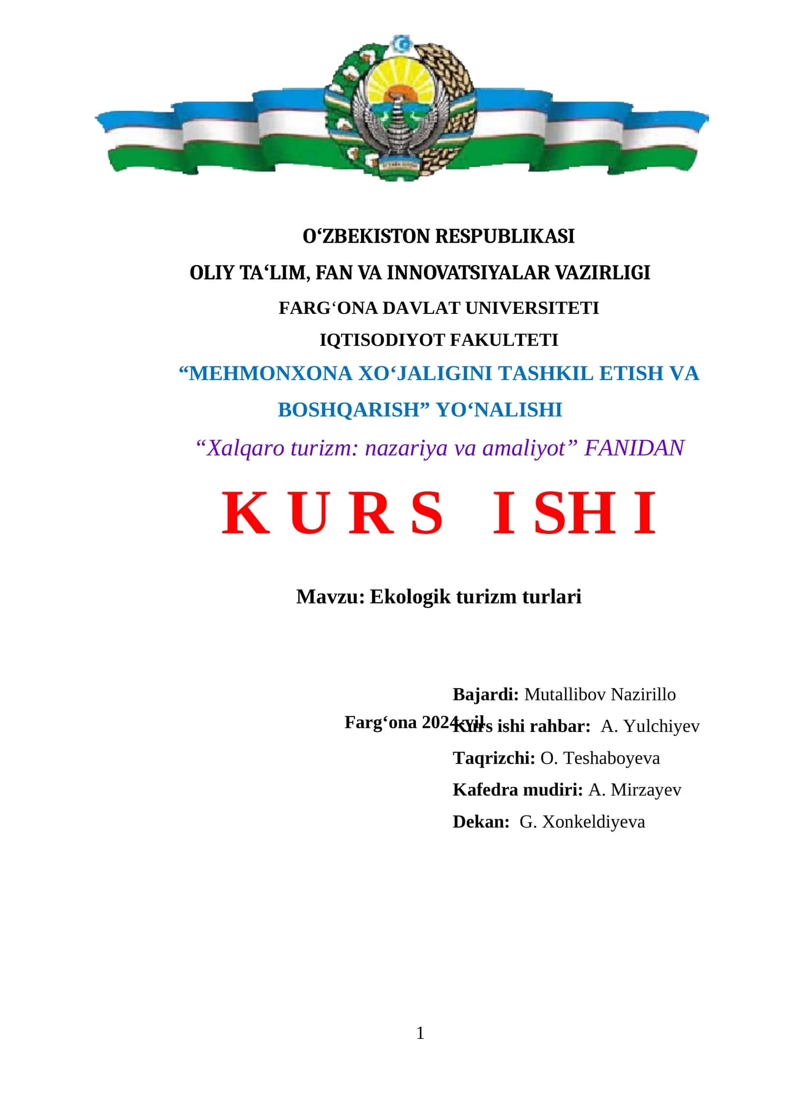 MEHMONXONA XOʻJALIGINI TASHKIL ETISH VA BOSHQARISH
