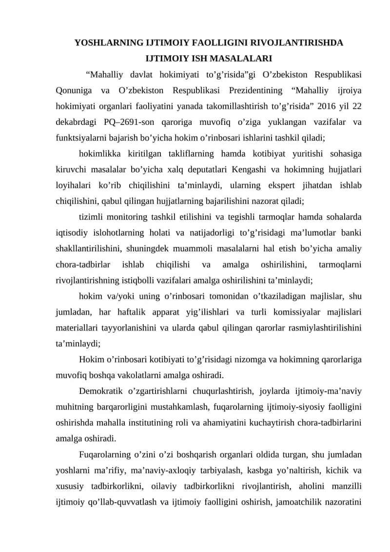YOSHLARNING IJTIMOIY FAOLLIGINI RIVOJLANTIRISHDA IJTIMOIY ISH MASALALARI