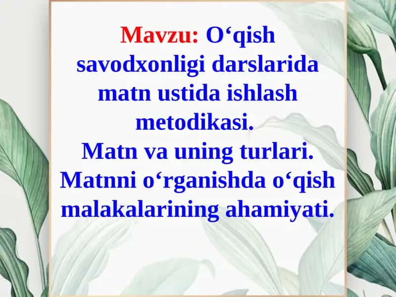 O‘qish savodxonligi darslarida matn ustida ishlash metodikasi.  Matn va uning turlari. Matnni o‘rganishda o‘qish malakalarining ahamiyati
