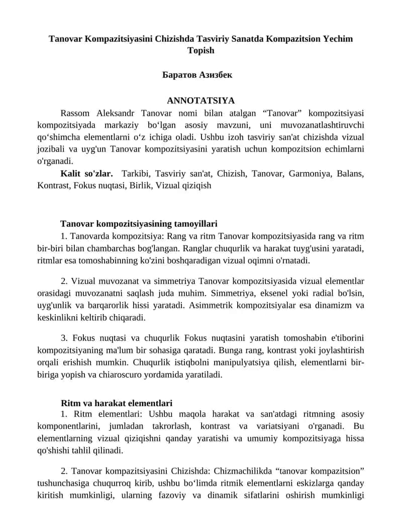 Tanovar Kompazitsiyasini Chizishda Tasviriy Sanatda Kompazitsion Yechim Topish