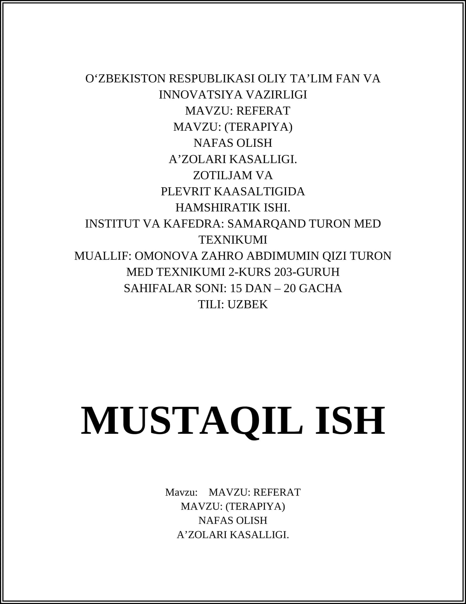 NAFA OLISH .. A'ZOLARI KASALLIGI