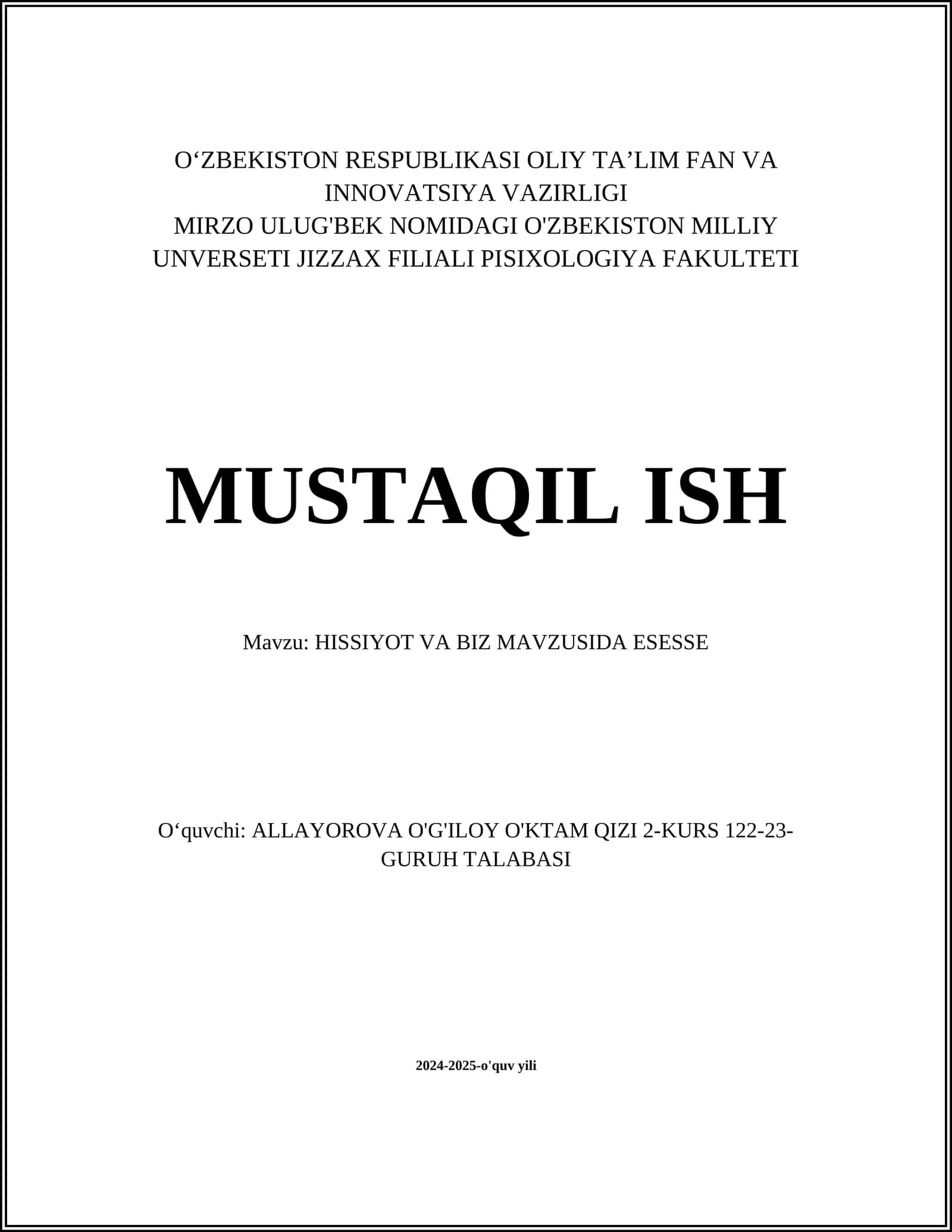 HISSIYOT VA BIZ MAVZUSIDA ESESSE